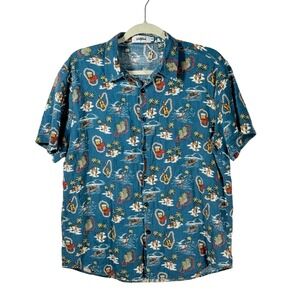 Votpave Hawaiian Aloha Shirt Mens Medium Blue Tropical Surf Guitar Beer Print